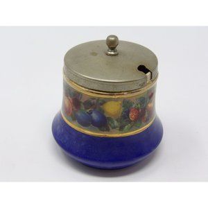 Meir Wade Staffordshire Porcelain Jam Jar Blue with Gold Trim Adorned with Fruit